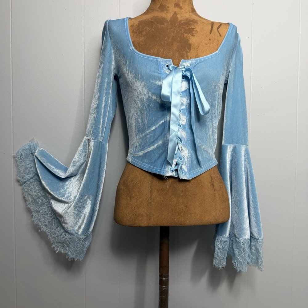 Sugar Thrillz Blue Velvet Lace Up Bell Sleeve Top Size Small Fairy